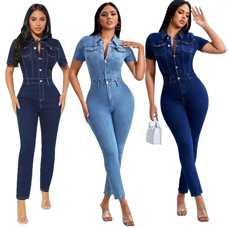 Baju terusan Denim wanita, jumpsuit kantor Jeans AKTIF musim gugur 2023, Romper ketat kancing atas lengan pendek elegan warna polos untuk wanita