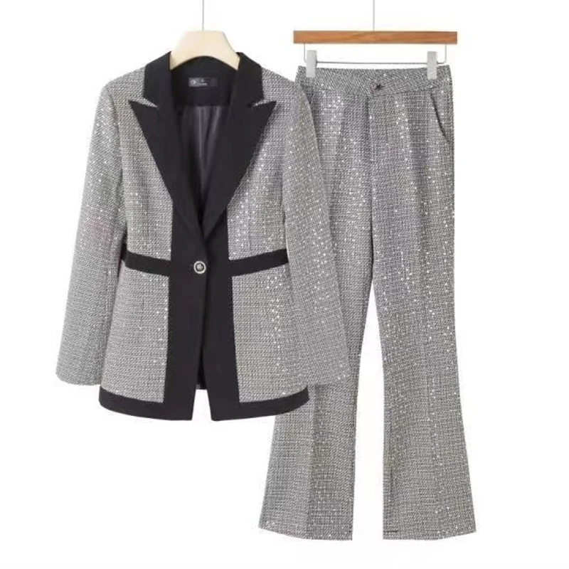 Newest 2024 Designer Runway Suit Set Women\'s Single Button Slim Fitting Blazer Flare Pants Suit Sequined Blazer Set Fashion