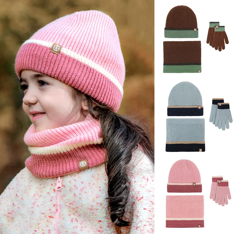 

3Pcs/set Children Knitted Hat Scarf Gloves Matching Color Boys Girls Hats Winter Warm Accessories Outdoor Neck Face Ear Protect