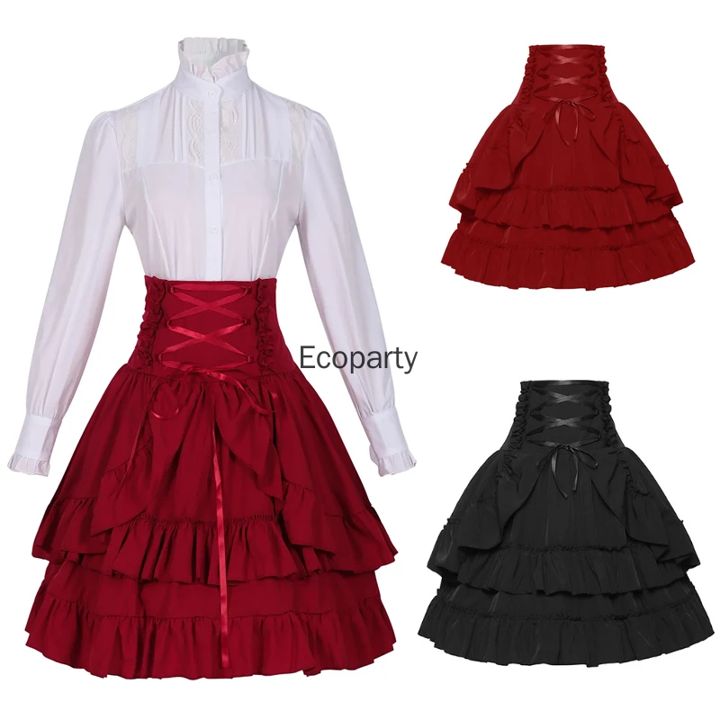 

New Women Medieval Victorian Costume Renaissance Retro White Shirt Multilayer High Waist Gothic Skirt Halloween Party Dress Up