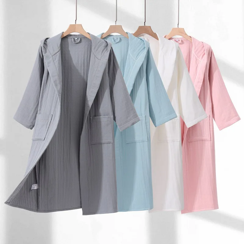 100% Cotton 4 Layer Gauze Kimono Robe 2024 New Women And Men Hooded Bathrobe Nightgown Soft Home Clothes Solid Hotal Spa Robes