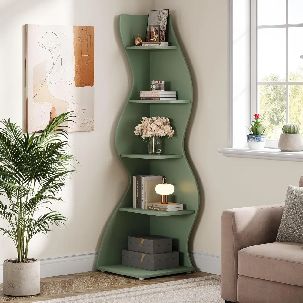 

Wavy Corner Shelf, Modern Bookshelf Bookcase with Curvy Shape, Unique Plant Stand Display Rack for Living Room