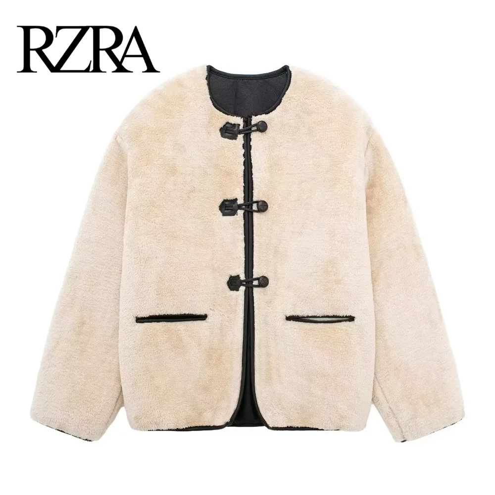 RZRA2024 autumn and winter new women's retro round neck long-sleeved imitation fur coat lamb wool coat straight loose