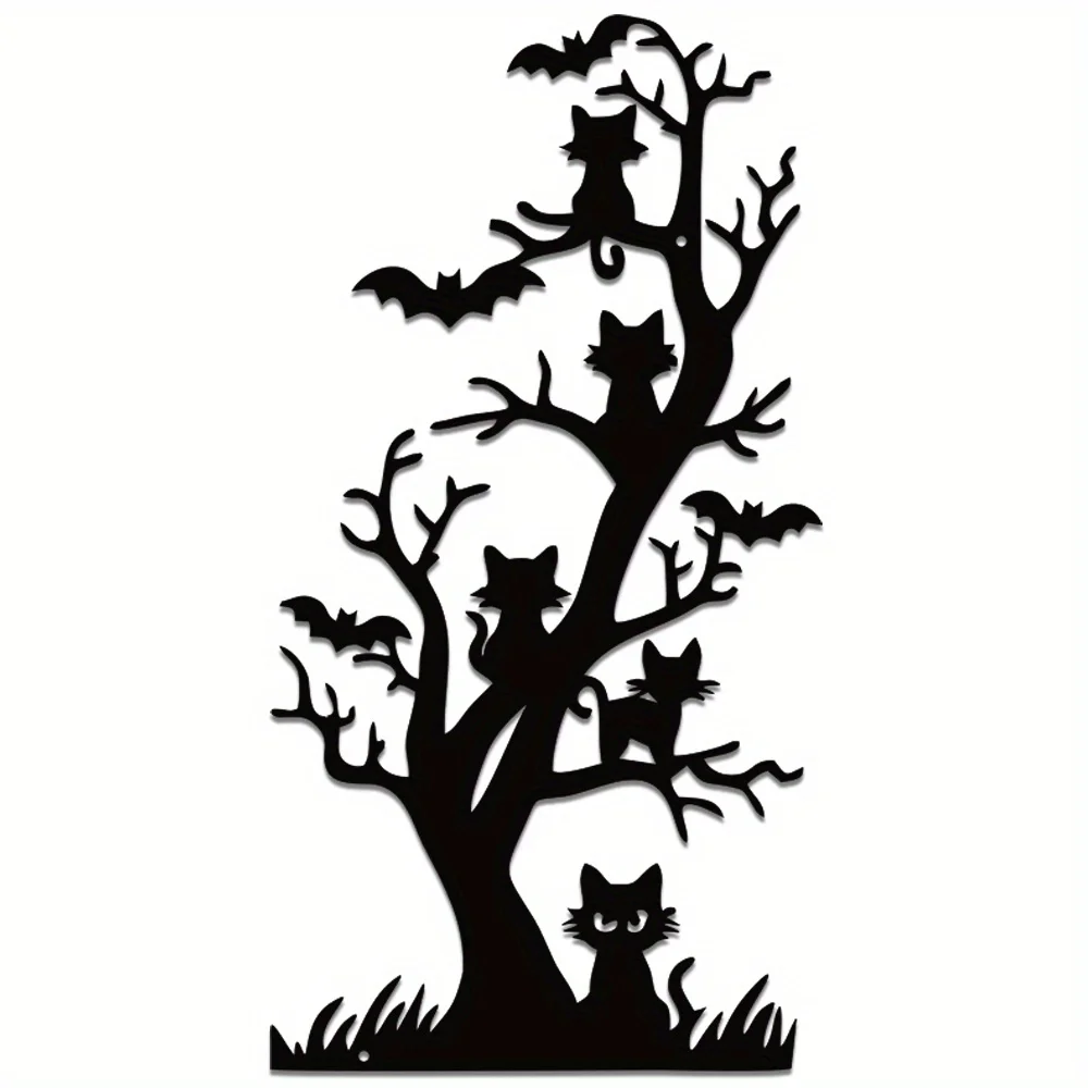 Wandskulptur aus Metall im Art-Deco-Stil – gruseliger Baum mit Katzen, Fledermäusen und Spinnennetz-Design – festliche Türdekoration und Wandkunstschild