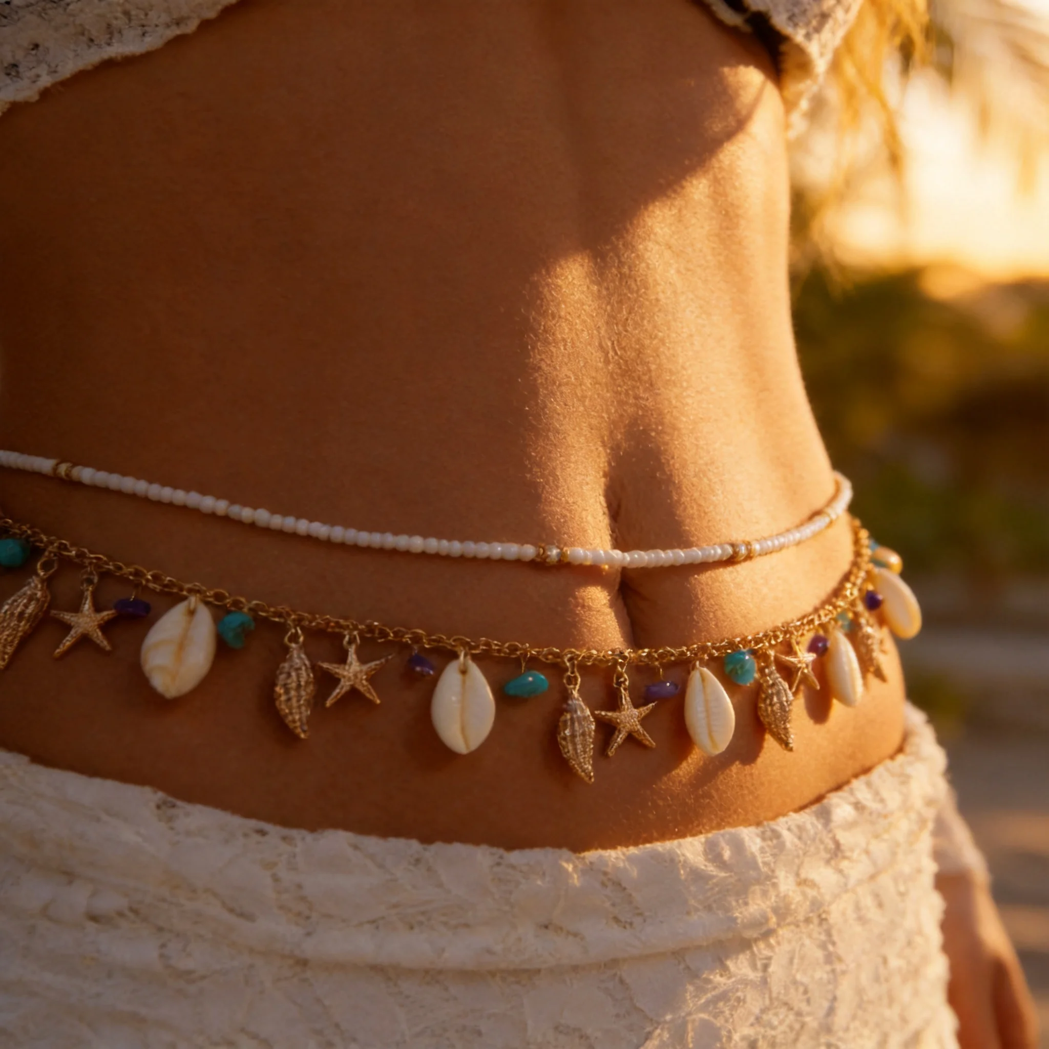 Bohemian Shell Starfish Waist Chain For Women Double Layer Gold Tone Beaded Body Chain Summer Beach Fashion Jewelry