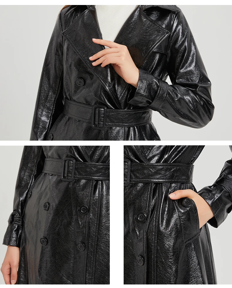 Lautaro Spring Autumn Extra Long Gold Shiny Pu Leather Trench Coat for Women Sashes Double Breasted Luxury Europe Fashion 2024