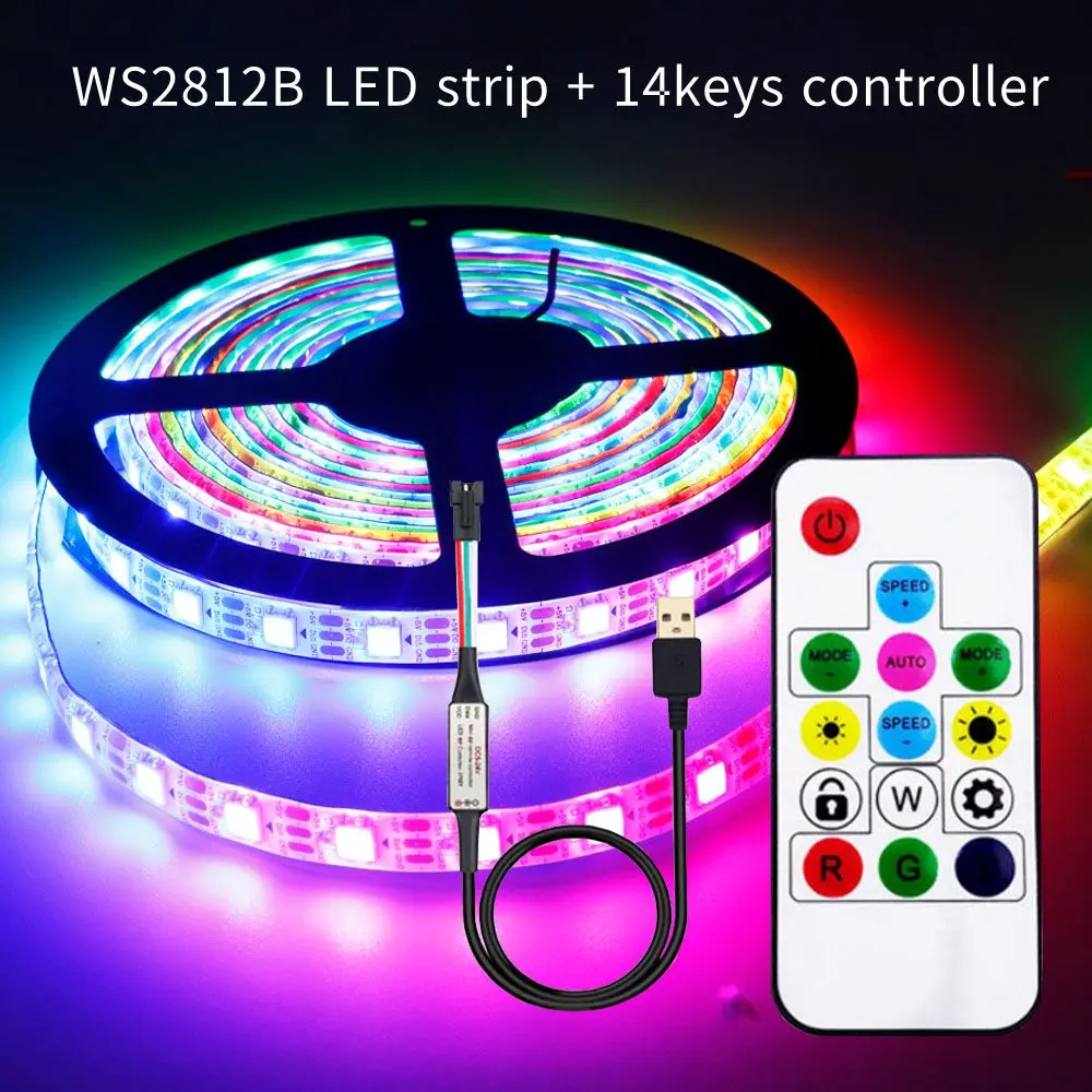 WS2812B LED Strip and 14 Keys USB Remote Controller Kit，Individually Addressable Smart RGB LED Strip 30/60/74/96/144 LEDs/m DC5V