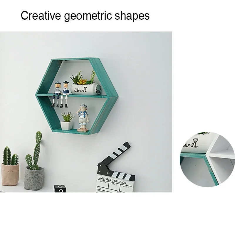 Nordic Style Wooden Decor Wall Mount Hexagonal Frame Books Toys Flower Pot Storage Shelf Holder Figurines Display Crafts Shelves