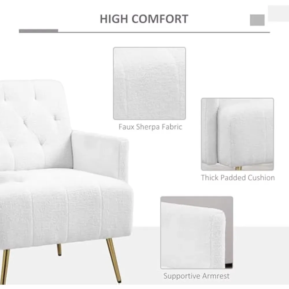 Moderne Sherpa ornamentstoel, getufte fauteuil in stof, gouden stalen poten, leesstoel in stof, comfortabele woonkamerstoel