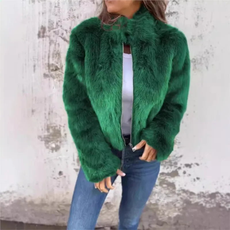 Fluffy Fake Fur Coat Women Zipper Jacket For Stand Collar Chic Velvet Winter Coat High Street Short Fur Jacket Cool Girl Jacke