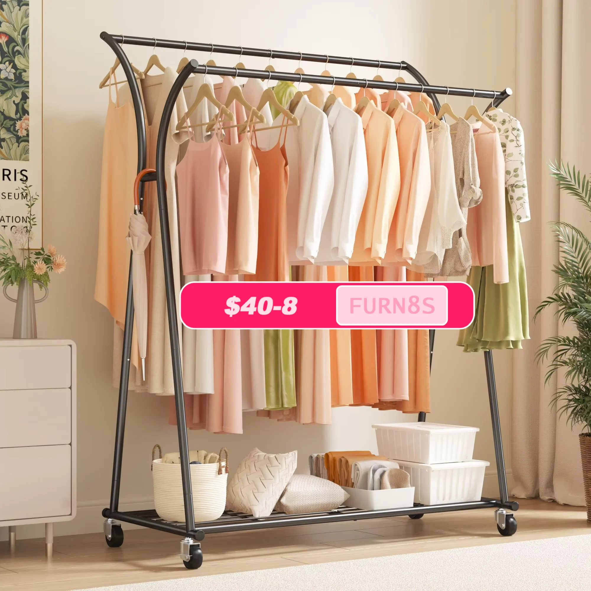 238 LBS Double Rods Clothing Garment Rack, Rolling Clothes Organizer On Wheels For Hanging Clothes, For Bedroom, Living Room, Easy Assembly, Closet And Storage, Home Organization, Efficient Space Solution, Modern Closet System, Durable Storage Option