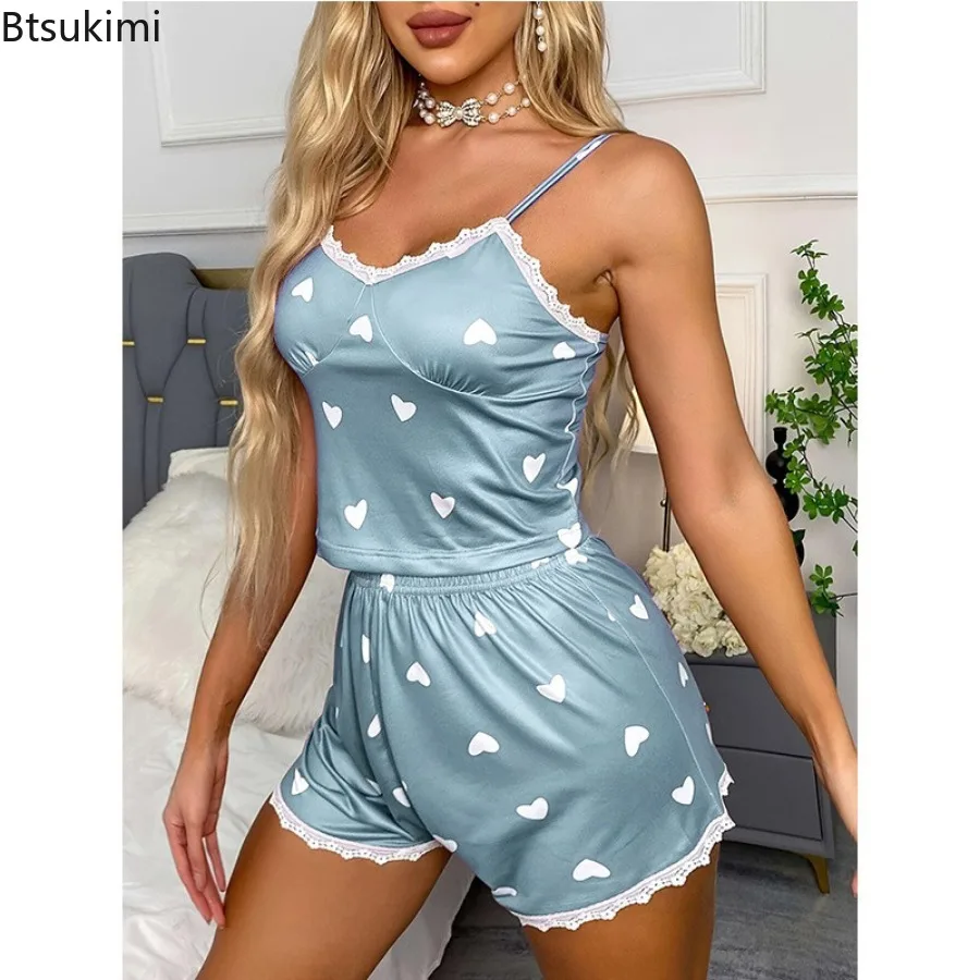 Women's Pajama Sets Fashion Sexy Suspender Design Lace Tops and Shorts Sleepwear Two-piece Ladies Summer Print Lounge Home Wear