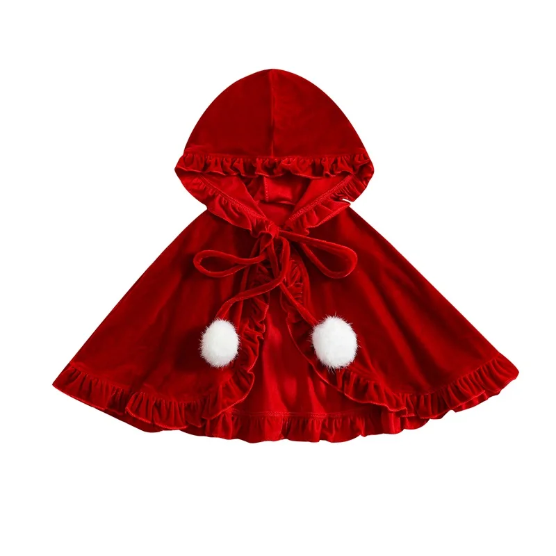 Kids Girls Cloak, Soft Hooded Lacing Frills Cape with Plush Balls for Christmas Party