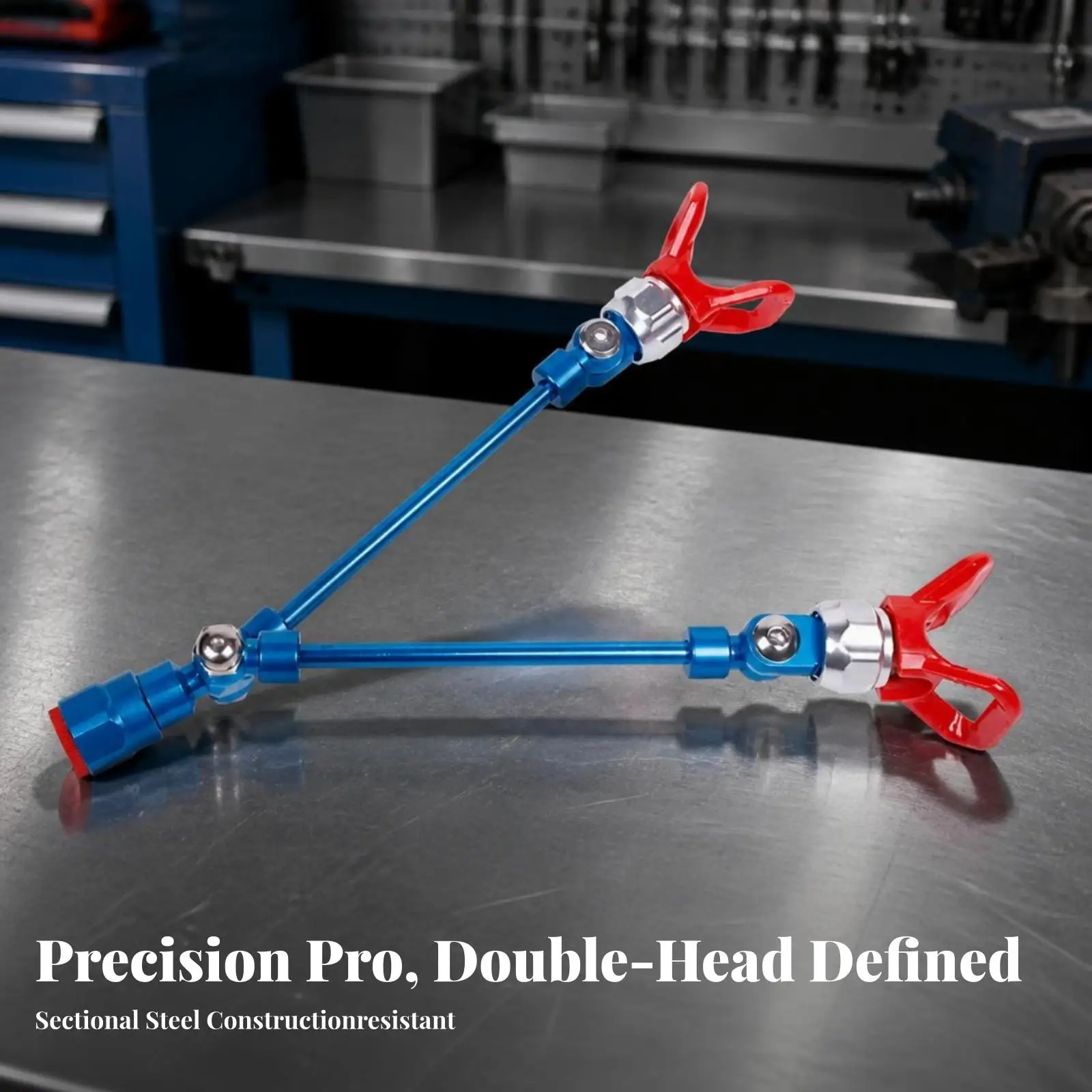 Two Way Paint Spraying Machine Extension Pole with Blue Steel Frame and Red Wing Ends for Efficient Large Area Painting Tasks