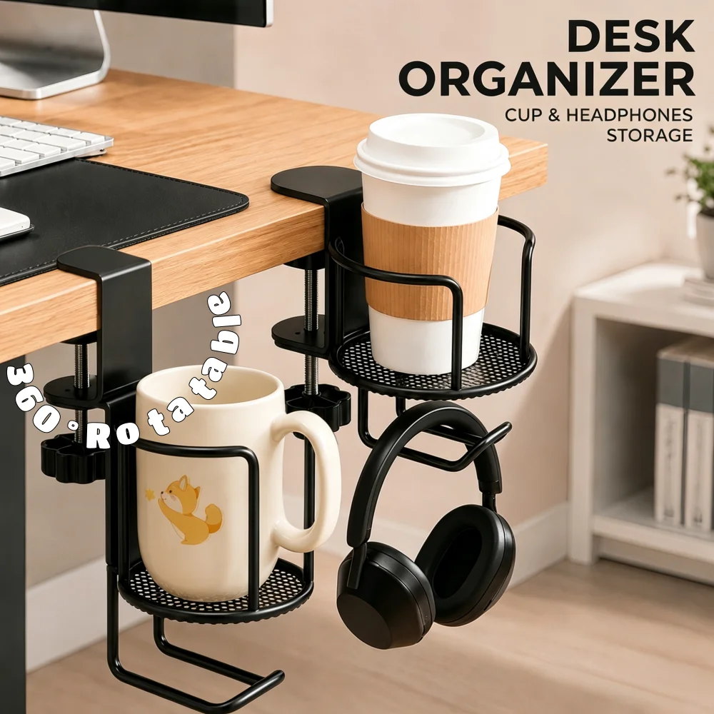 2in1 Desk Cup Holder with Hanger Clamp-On Water Bottle Rack Tumbler Mug Rotatable Organizer for Office Home Table Storage Acces