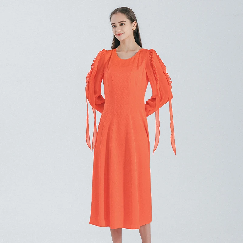 Grapefruit Orange Red Dark Jacquard Silk Round Neck with Wooden Ear Edge Embellishment Long Sleeve Loose Silk Dress AE1780