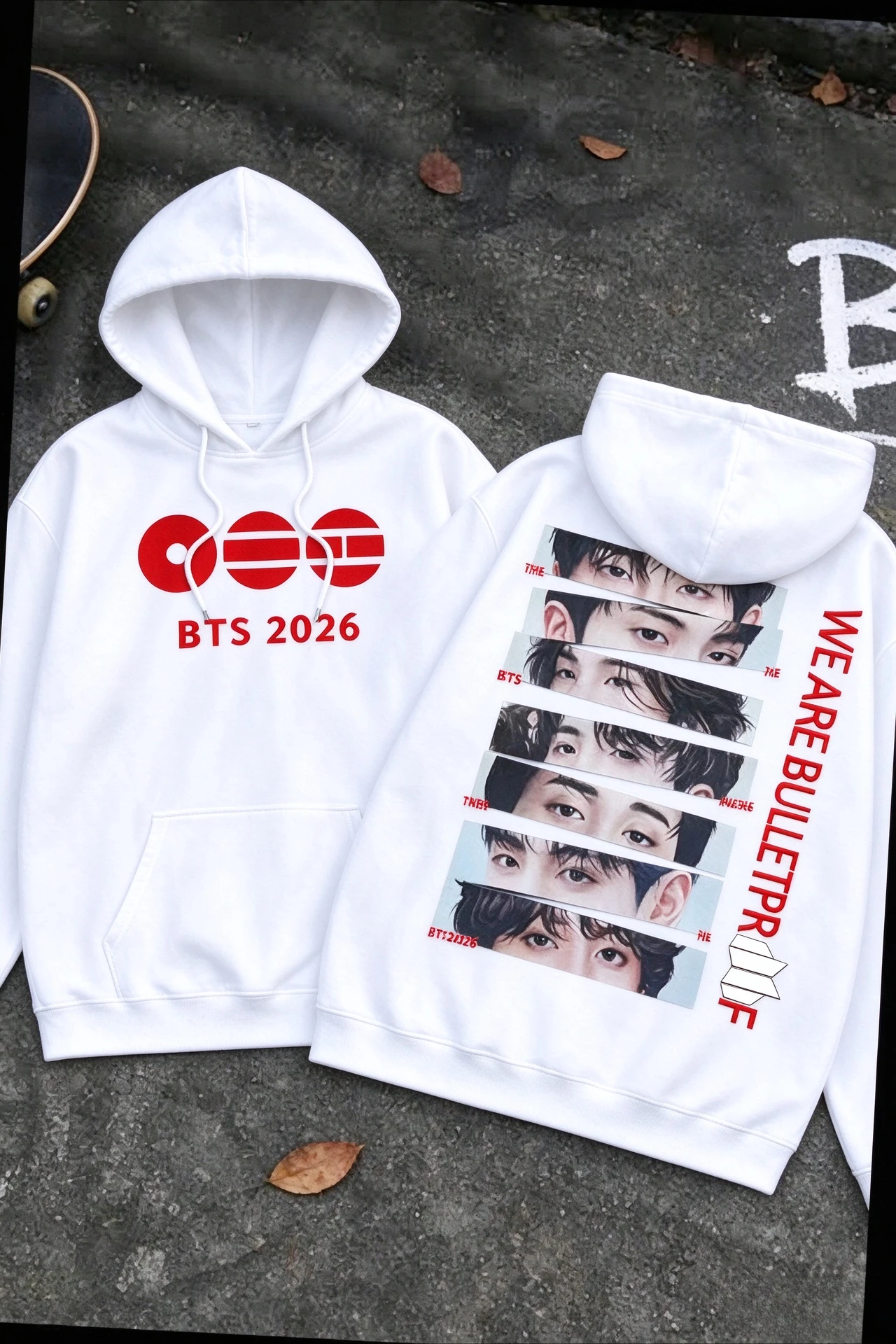 BTS 2026 Kpop Hoodie Men Women Front Red Logo Back Spliced Portrait Print Pullover Sweatshirt Fans Streetwear Hoody