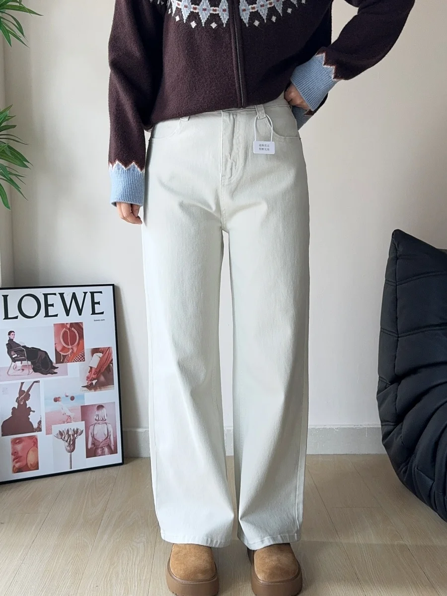 

High Waist Elastic Wide Leg Jeans Women's Straight Cut Spring Long Pants High Elastici Fat MM Denim Pants White Nectarine