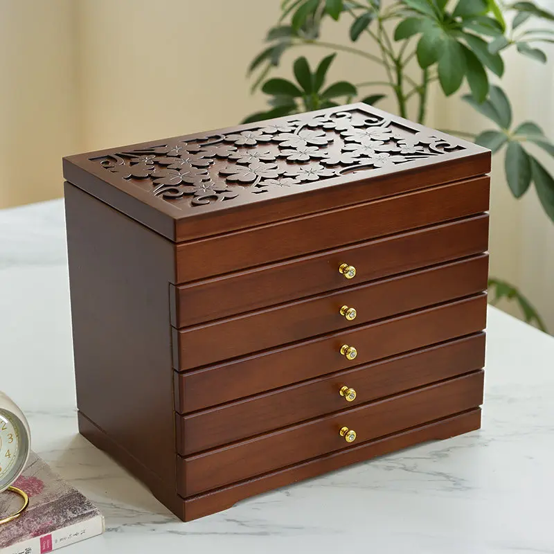 Solid Wood Multi Layer Jewelry Box Mirror Makeup Organizer Chinese Luxury Drawer Trinket Storage Delicate Vintage Accessory Case