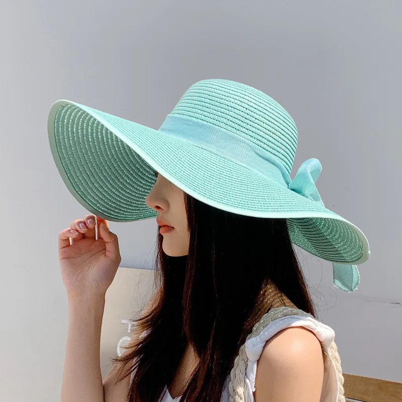 2024 new mint green summer cappello di paglia beach seaside large brim outdoor pieghevole vacation cappello di protezione solare perizoma