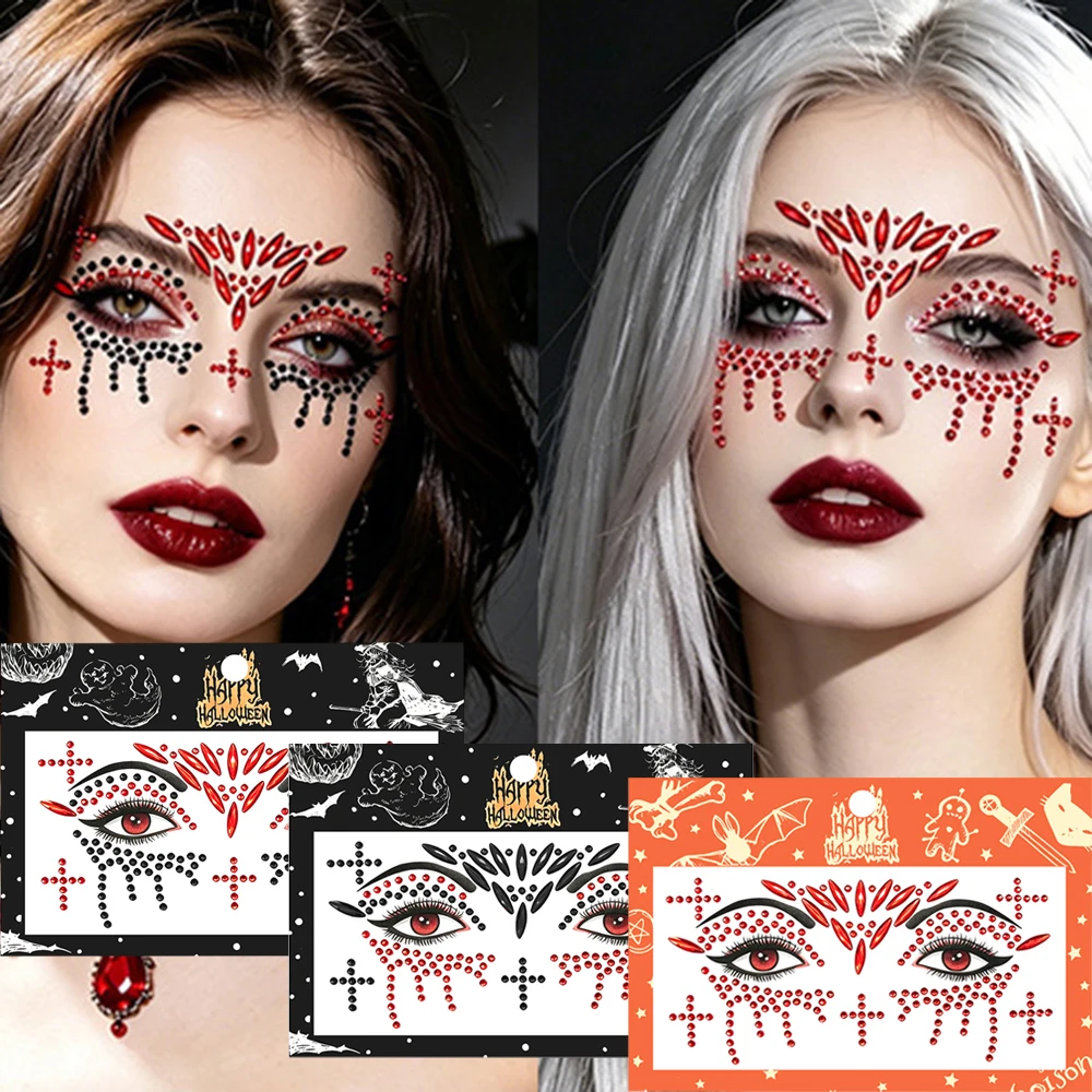 1pc Halloween Cross Devil Teardrop Face Gem Stickers, Self Adhesive Black Red Rhinestone Facial Jewels for Cosplay Party Makeup