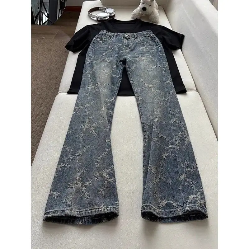 

2025 Spring and Autumn New American Retro Trendy Washed Jacquard Patchwork Slim Fit Wide-Leg Straight Jeans for Women