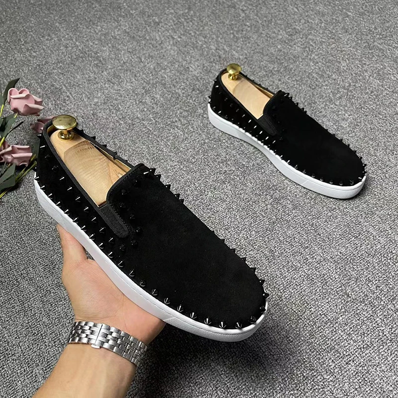 Men's Casual Cow Suede Leather Rivets Shoes Slip-On Flats Studded Shoe Party Prom Dress Black Stylish Breathable Loafers Zapatos