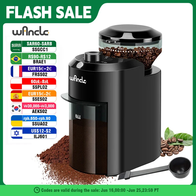 Wancle Electric Burr Coffee Grinder Adjustable Burr Mill Conical Coffee Bean Grinding with 28 Precise Grind Setting 220V/120V
