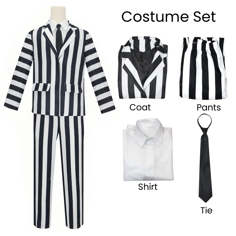 Anime Cosplay Beetle Juicee Men Black and White Striped Suit Scary Halloween Costumes Wig Tie Shirt for Cosplay Party