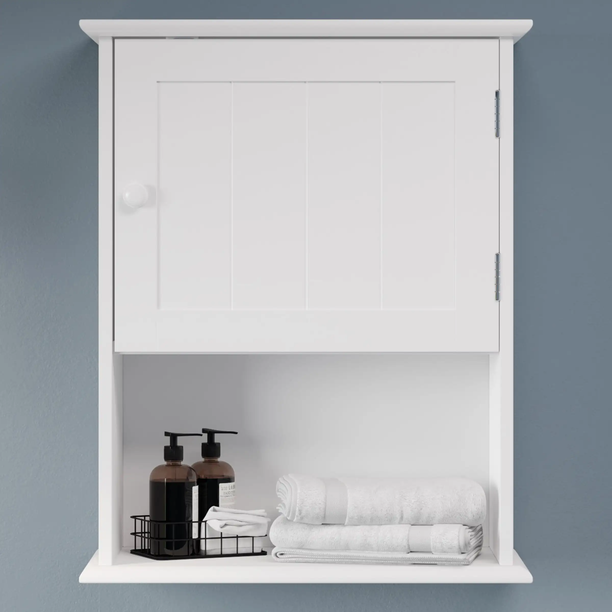 Wall-Mounted Storage Cabinet with Open Shelf, White