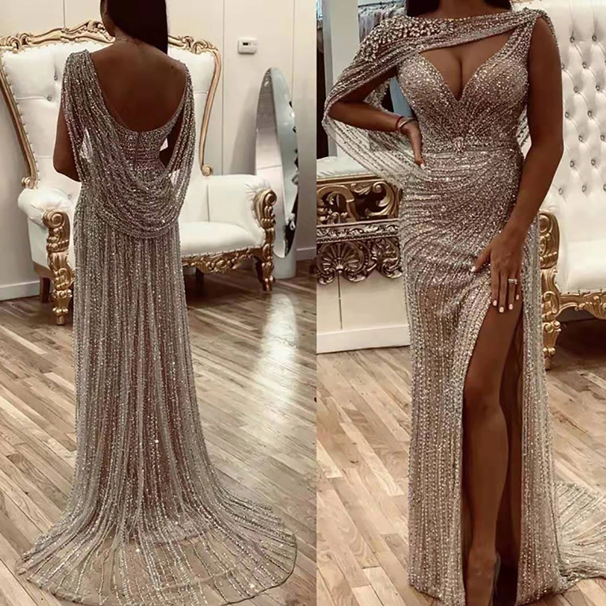 Gorgeous Evening Dress Formal Occasion Dress Mermaid Vneck Collar Decoration Shining Applicant Split Prom Dress Vestido De Noite