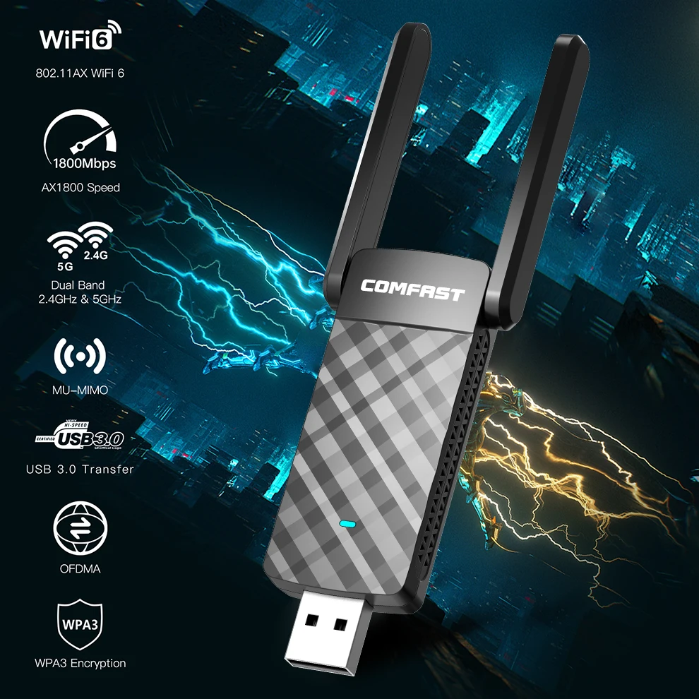 COMFAST WiFi 6 อะแดปเตอร์ USB 2.4G และ 5.8G AX1800 USB3.0 การ์ดเครือข่ายไร้สาย WiFi6 อะแดปเตอร์สําหรับ Win10/11 เสาอากาศ WiFi Receiver