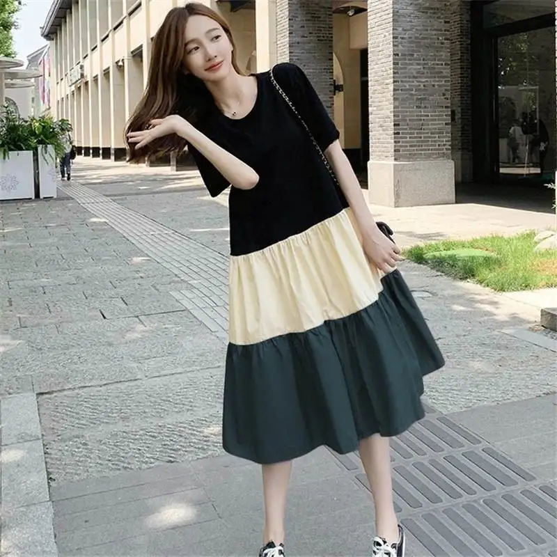Summer New Korean Loose Large Size Patchwork Knee-Length Short-Sleeved Women's Dress Trendy Casual Polyester Blend Skirt