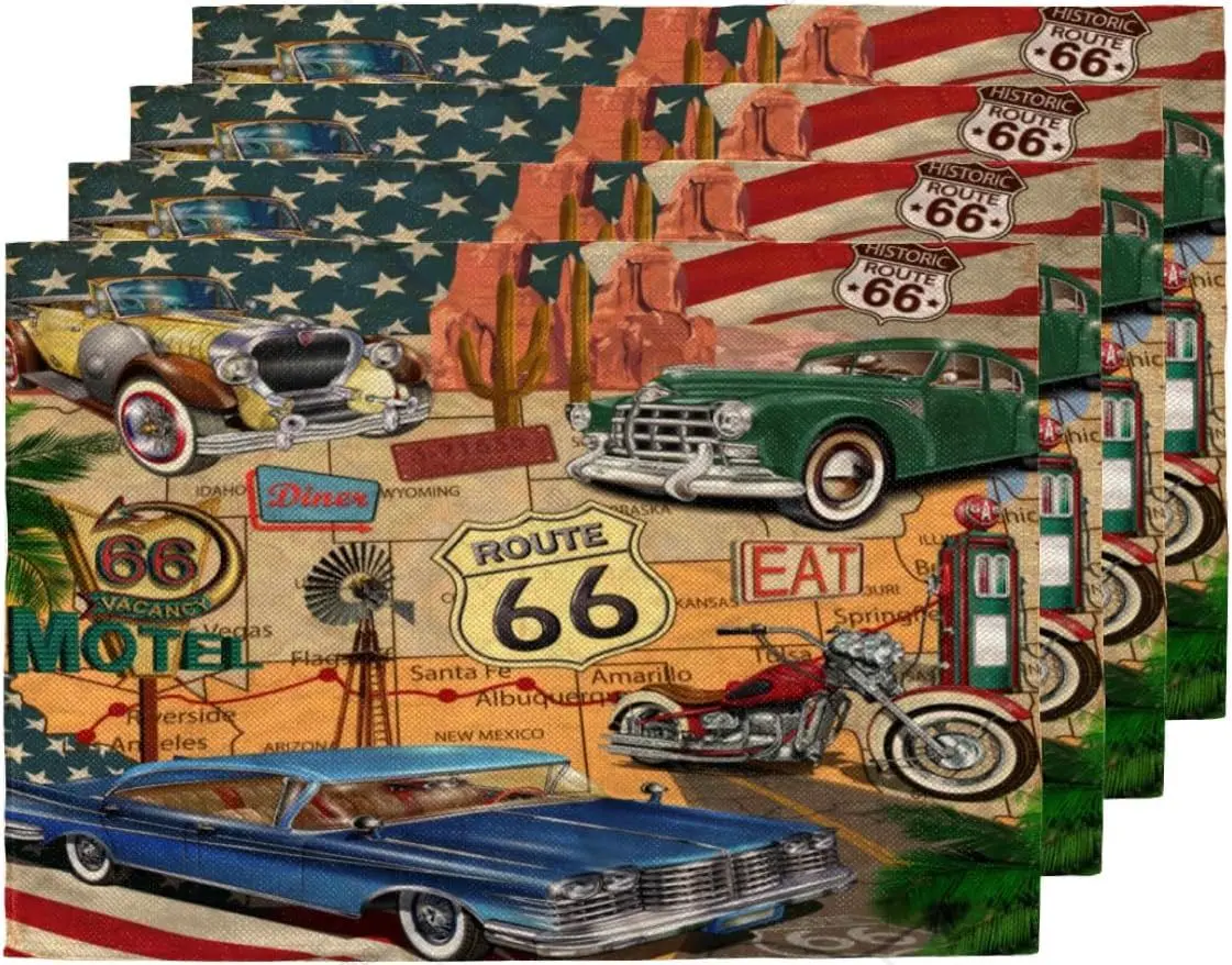Poster araba rota 66 temalı Placemats 4 keten Placemats Set ev partisi için isıya dayanıklı Placemat masa süsü 12x18 inç