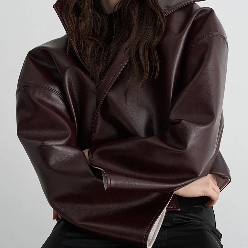 Rollkragen-Kurzjacke aus Kunstleder für Damen, Oversize-Streetwear mit Langen Ärmeln, Einfarbig, Locker Sitzende Mäntel, Schicke Damen-Oberbekleidung, Neue Kollektion – Detail 21