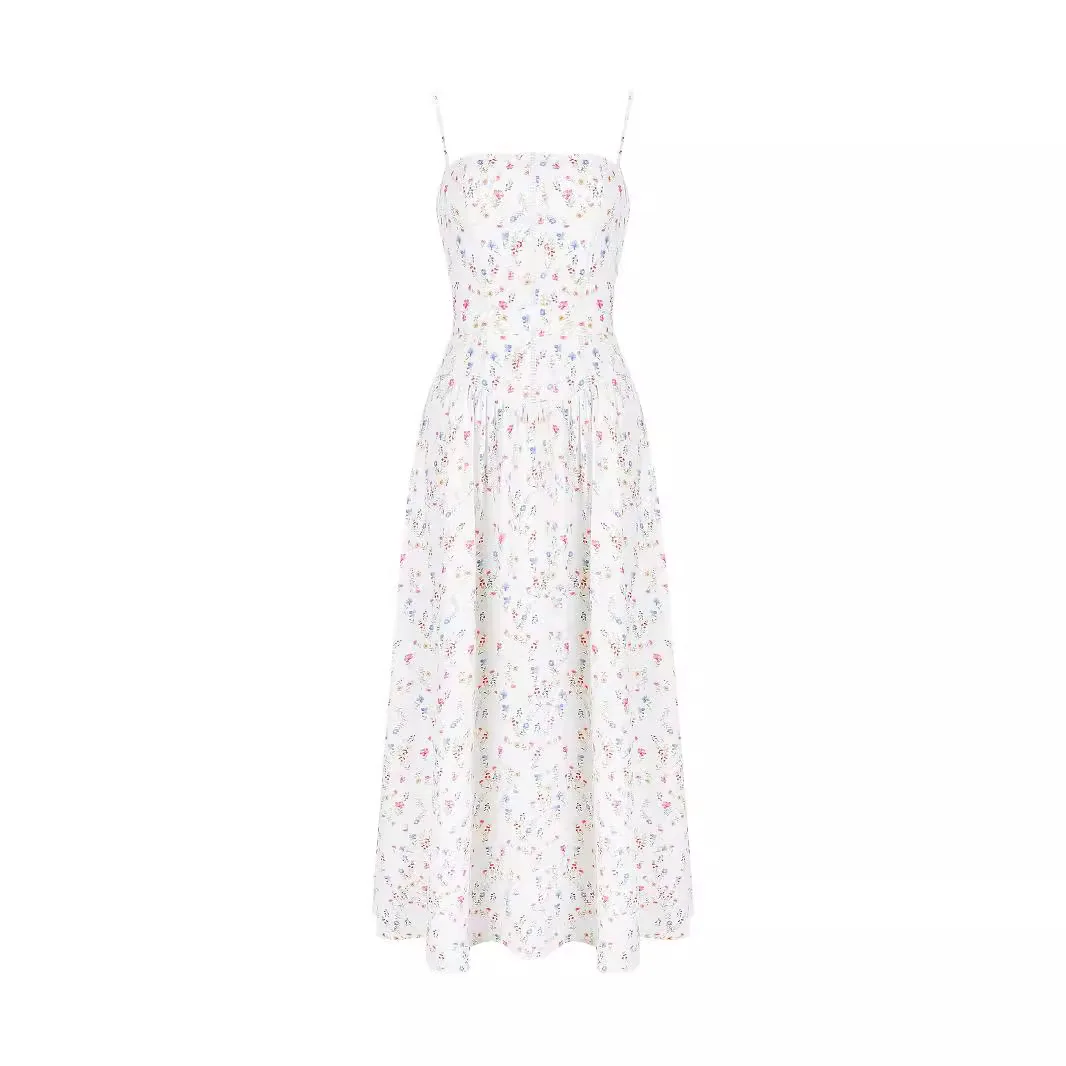 Ropa de mujer Sexy ajustado blanco Floral puro viento vestido largo Spice Girl vestido con tirantes verano mujer alto sentido