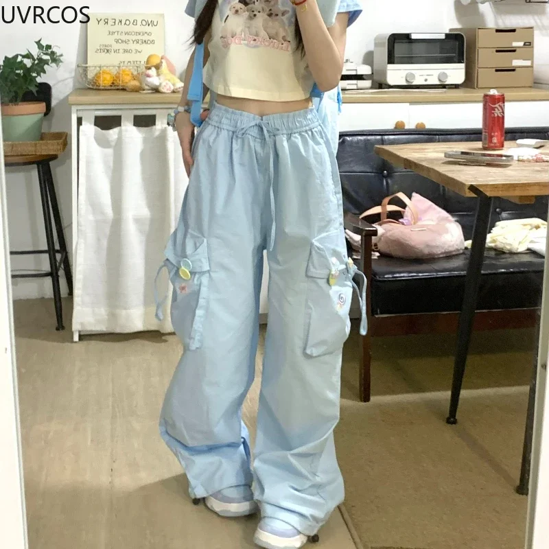 Pink Blue Japan Kawaii Casual Pants Women Sweet Flower Embroidery Buttons Pocket Sweatpants Korean Style Cute Wide Leg Trousers
