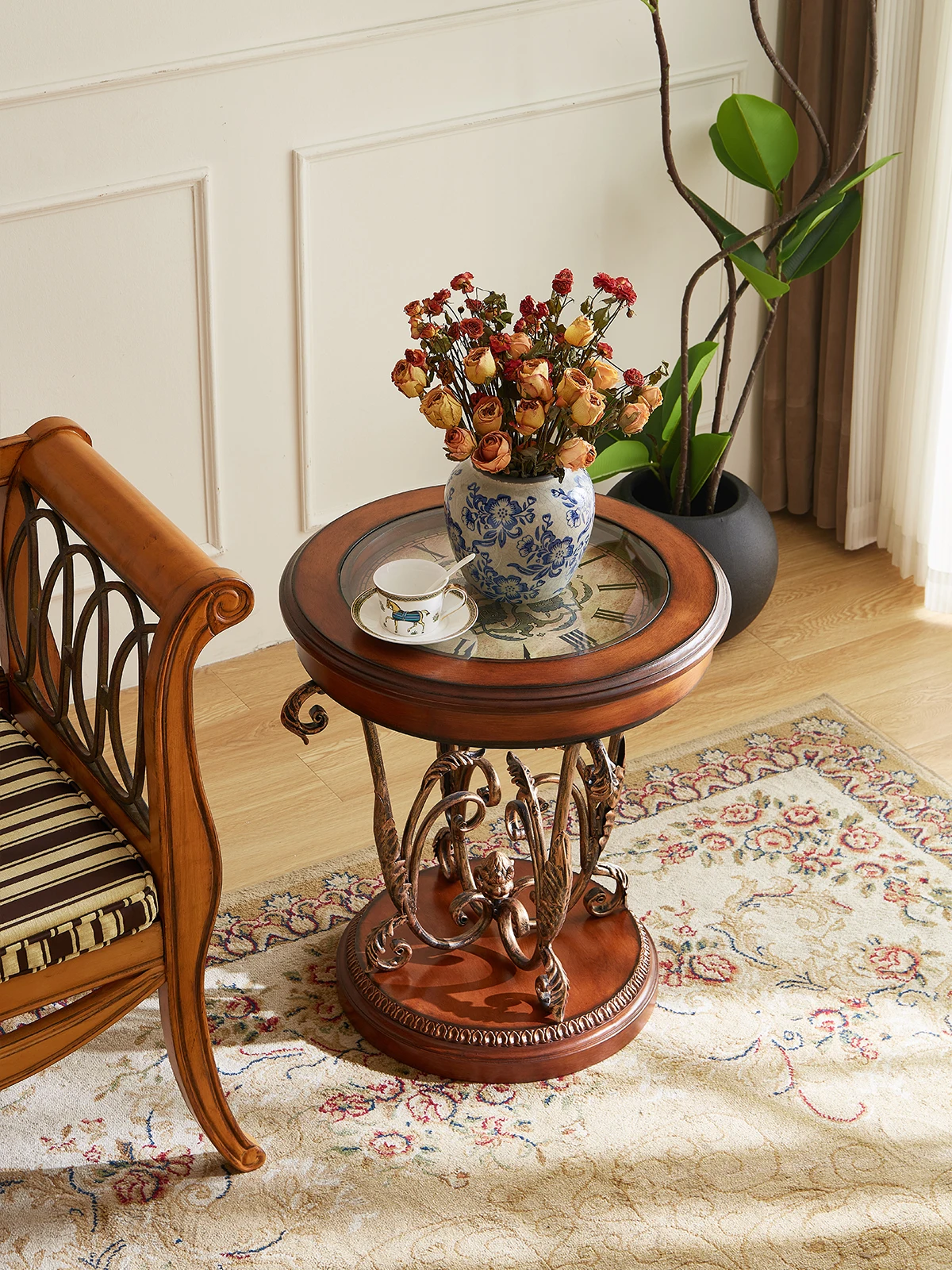 Maillard caramel color American sofa edge table, European solid wood small round table, painted metal retro
