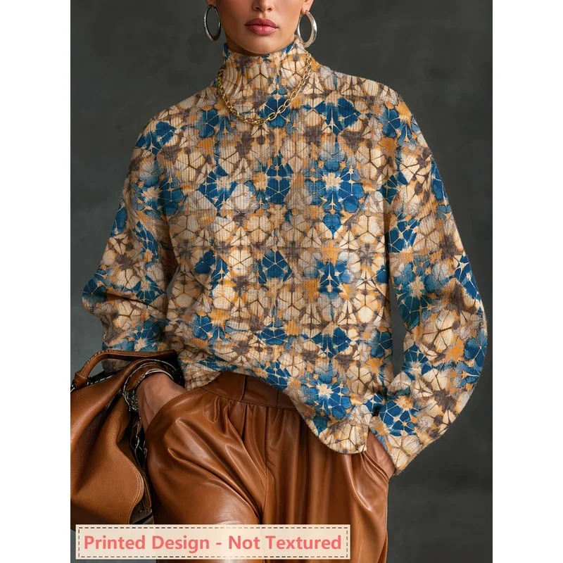 Women's Pumpkin Patchwork Print Turtleneck Sweater Long Sleeve Knit Pullover Loose Casual Autumn Winter Fashion Jumper Top