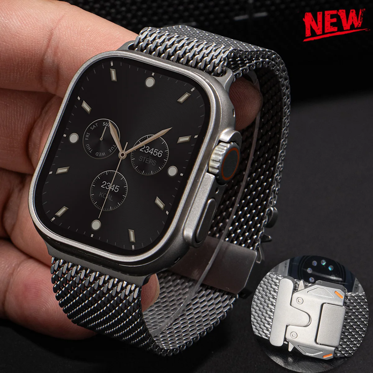 apple-watch-ultra-2-49mm、シリーズ10、9、8、7、6、5、46mm、42、44、45mm対応-ミラネーゼバンド-ステンレススチール製メタルループ-パラシュートバックル