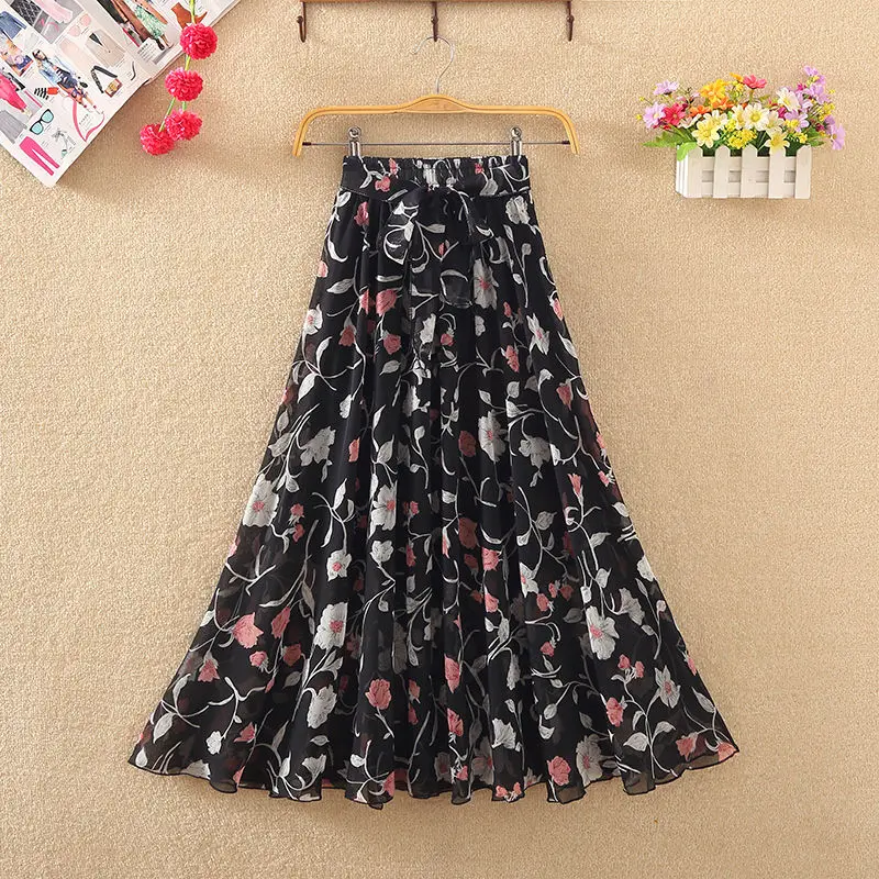 

New Spring and Summer Women's Style Loose High Waist Chiffon Printed Pleated A-Line Elegant Fashion Casual All-match Skirt