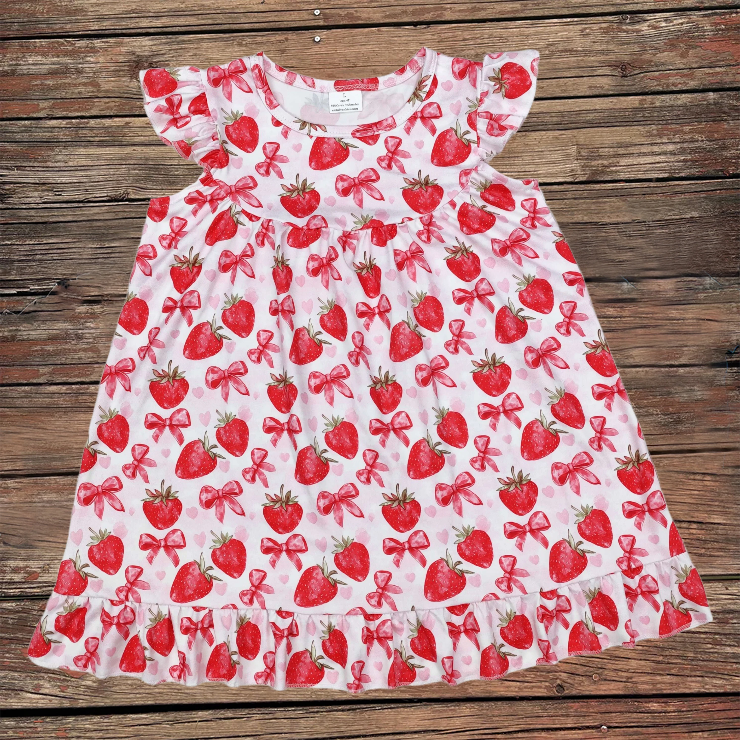 

Wholesale Toddler Kids Children Short Sleeves Clothes Baby Girl Strawberry Bows Ruffle Knee Length Dress Infant Summer Clothing