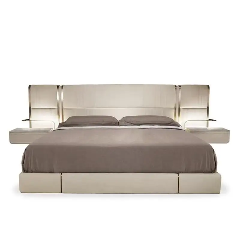 

%@Factory Price Italian Light Luxury Leather Bed Modern Simple High-end King Double Bed Leather Bedroom Wedding Bed