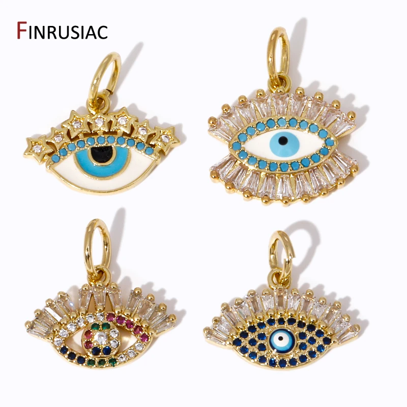 18K Gold Plated Brass Zircon Blue Evil Eye Pendant Enamel Greek Eye Charm Pendant For DIY Necklace Making Supplies