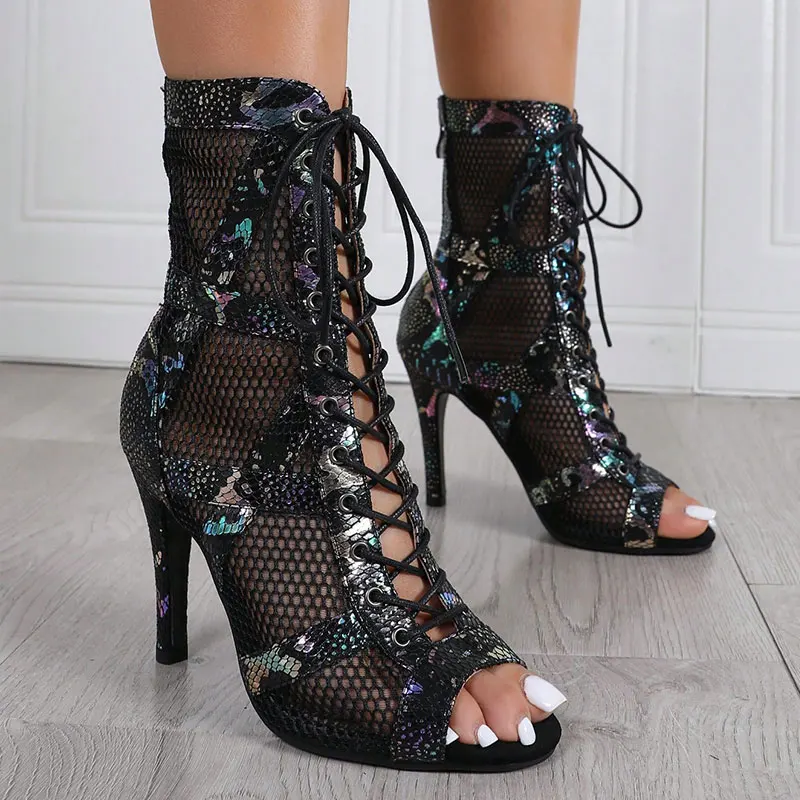 Women High Quality Black Heels Trend Peep Toe Boots Stilettos Jazz Dance Lady Shoes Sexy Booties Plus Size 46