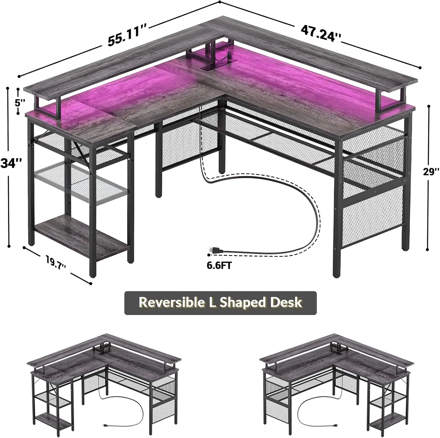 Unikito L Shaped Computer Desk, Reversible Corner Desk with Power Outlet and LED Strip, L- Shaped Gaming Table with Monitor Stan