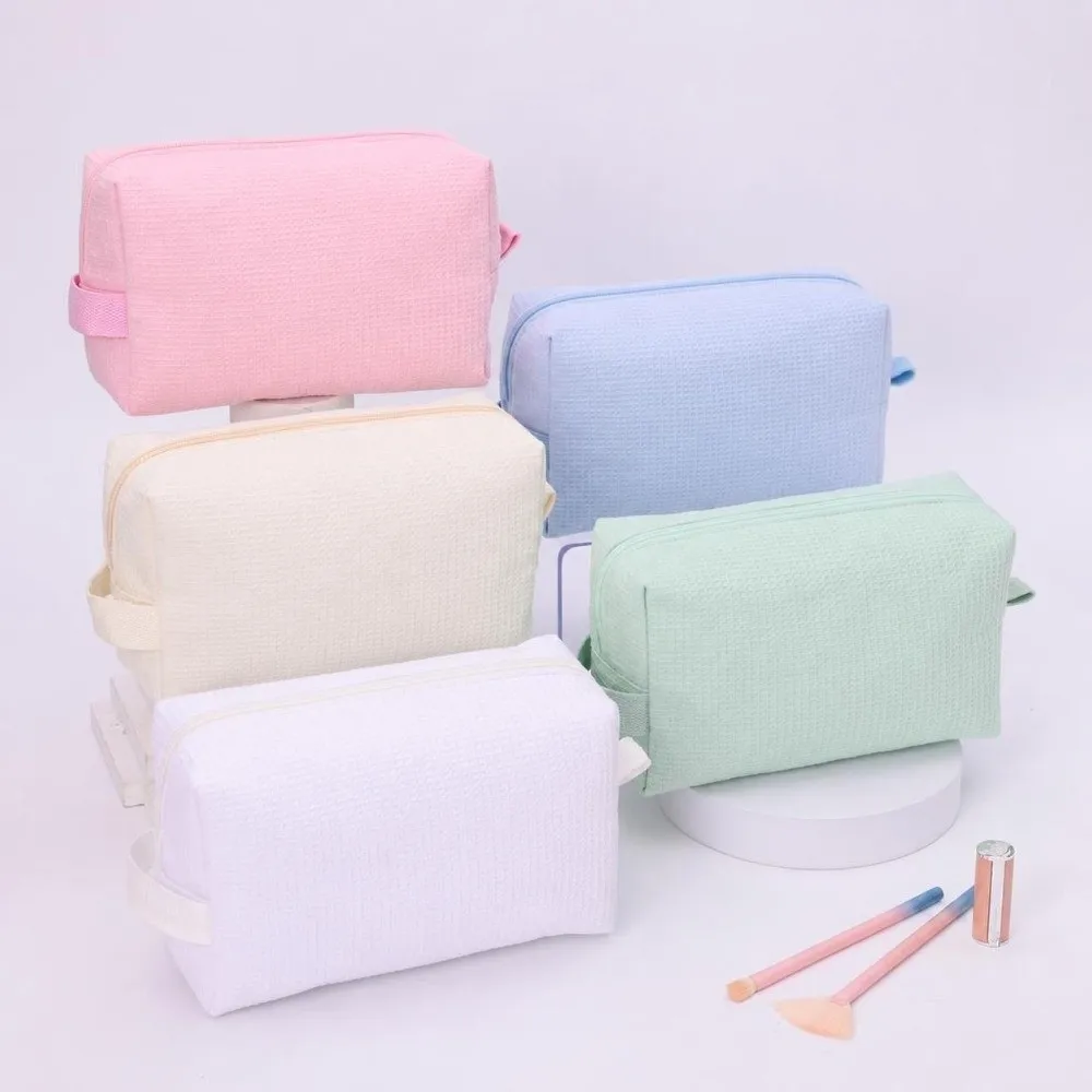 Portable Waffle Cosmetic Bag Solid Color Large Capacity Women Makeup Bag Cotton Toiletry Bag Pouch Travel Storage