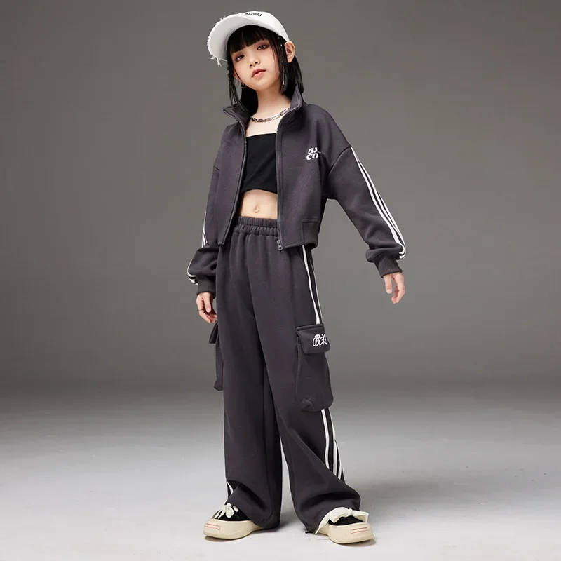 Girls Jazz Modern Dance Costumes Loose Casual Jacket Tops Side Striped Sweatpant Set Streetwear Hip Hop Stage Performance Wear image 3