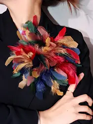 Exaggerated Personality Trendy Colorful Artificial Feather Brooch for Women Men Host Suit Decoration Pin HUANZI 2025 NEW