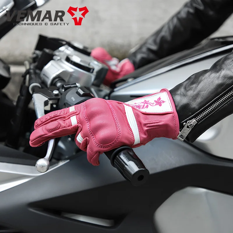 

Gift Vemar Leather Gloves Retro Embroidery Women Motorcycle Rider Touch Screen Sheepskin For Lady Pink Riding Protect Motocross